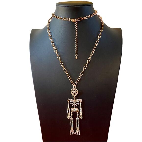 Piper K Rhinestone & Pave Crystal Skelton Pendant on extra long gold toned chain - Picture 2 of 7